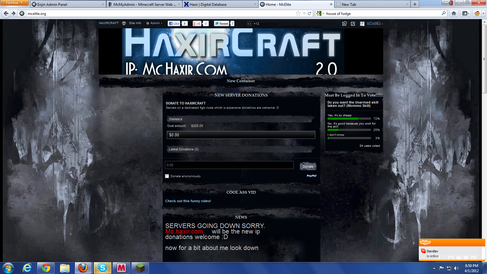 Screenshot of the rival Minecraft server site redirecting players to HaxirCraft while Davdav appears online on Skype